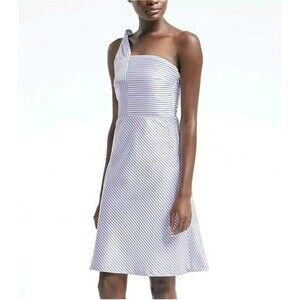 Banana Republic Size 8 Dress One Shoulder Fit & Flare Satin Blue Stripe Lined